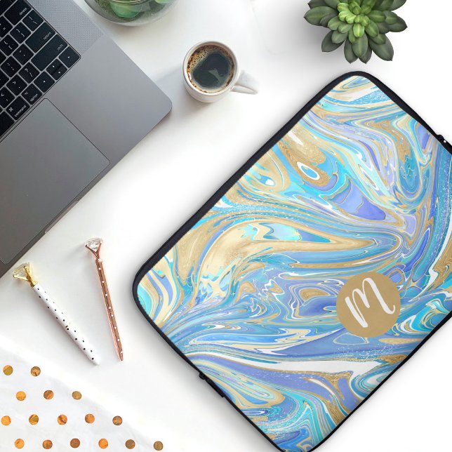 Pearlescent Aqua & Gold Liquid Marble & Monogram Laptop Sleeve (Monogram Paint Pour Laptop Sleeve)