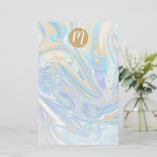 Pearlescent Aqua & Gold Liquid Marble & Monogram Stationery