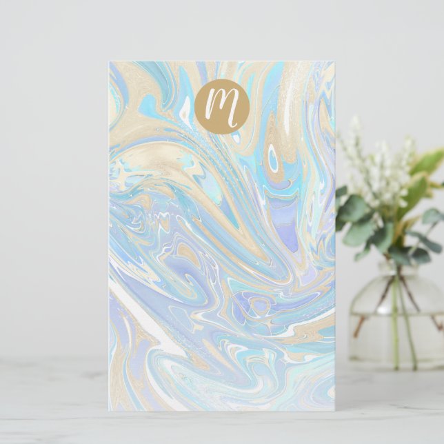 Pearlescent Aqua & Gold Liquid Marble & Monogram Stationery (Standing Front)