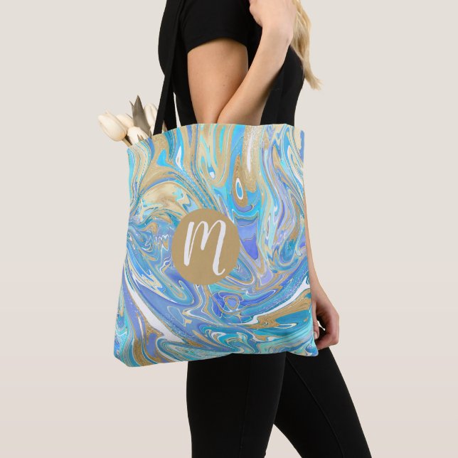 Pearlescent Aqua & Gold Liquid Marble Monogram Tote Bag (Close Up)