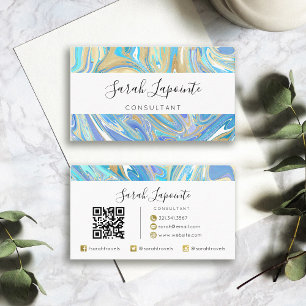 Pearlescent Aqua & Gold Liquid Marble QR code Business Card