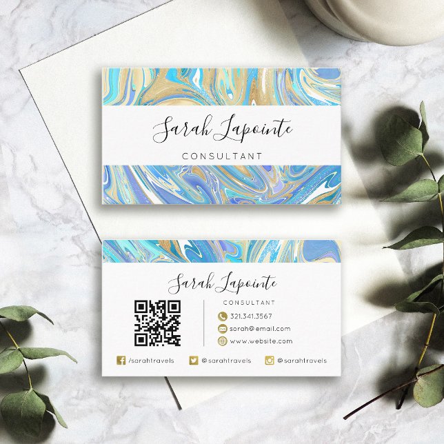 Pearlescent Aqua & Gold Liquid Marble QR code Business Card (Creator Uploaded)