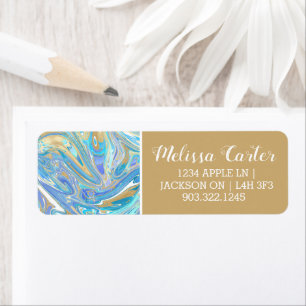 Pearlescent Aqua & Gold Liquid Marble Return Address Label