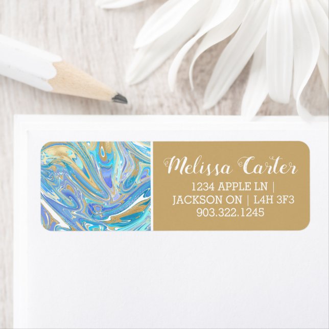 Pearlescent Aqua & Gold Liquid Marble Return Address Label (Insitu)