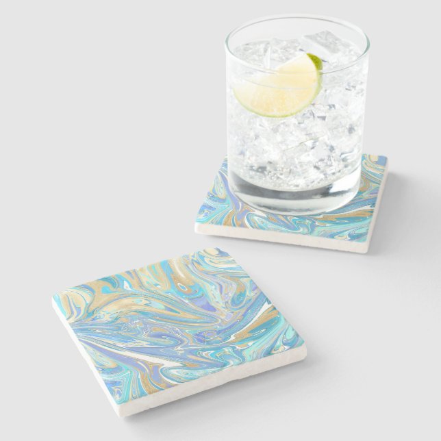 Pearlescent Aqua & Gold Liquid Marble Stone Coaster (Side)