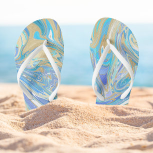 Pearlescent Aqua & Gold Liquid Marble Thongs
