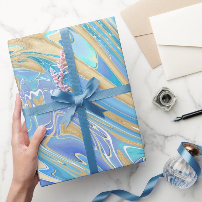Pearlescent Aqua & Gold Liquid Marble Wrapping Paper (Gifting)