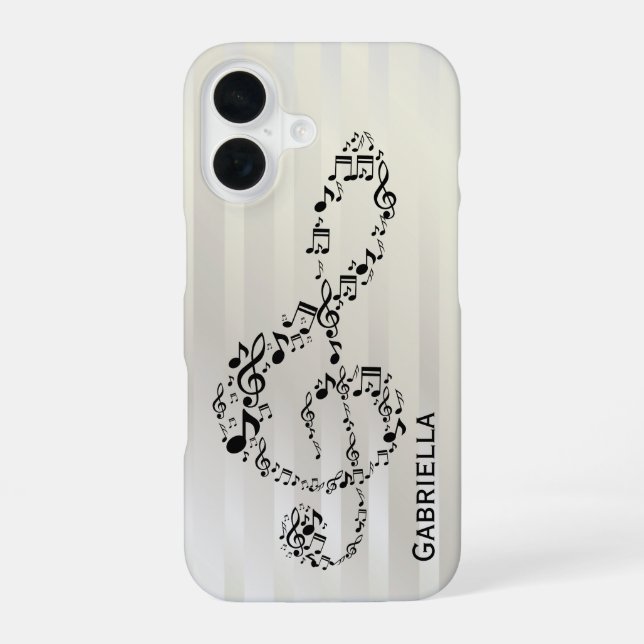 Pearlesque Stripes Black Treble Clef Music Notes iPhone 16 Case (Back)