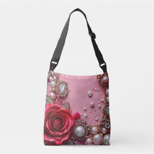 Pearls and a Detailed Red Rose Crossbody Bag