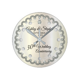 Pearls and Diamonds 30th Wedding Anniversary Round Clock