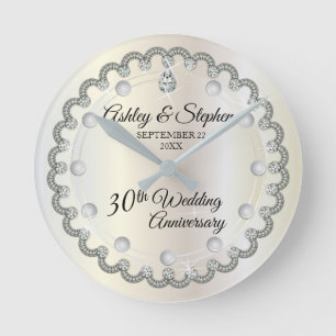 Pearls and Diamonds 30th Wedding Anniversary Round Clock