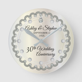 Pearls and Diamonds 30th Wedding Anniversary Round Clock