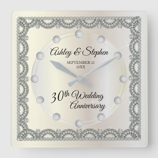 Pearls and Diamonds 30th Wedding Anniversary Square Wall Clock (Front)