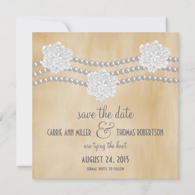 Pearls and Flowers Save the Date Invite, Ivory (Front)