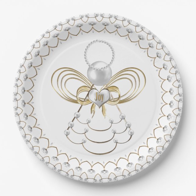 Pearls and Gold - Metallic Christmas Angel of Joy Paper Plate (Front)