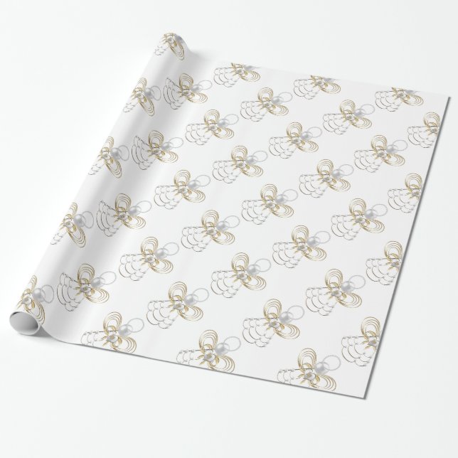Pearls and Gold - Metallic Christmas Angel of Joy Wrapping Paper (Unrolled)
