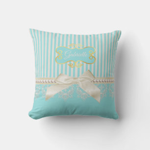 Pearls and Lace Aqua Stripes Cream Bow With Name Cushion