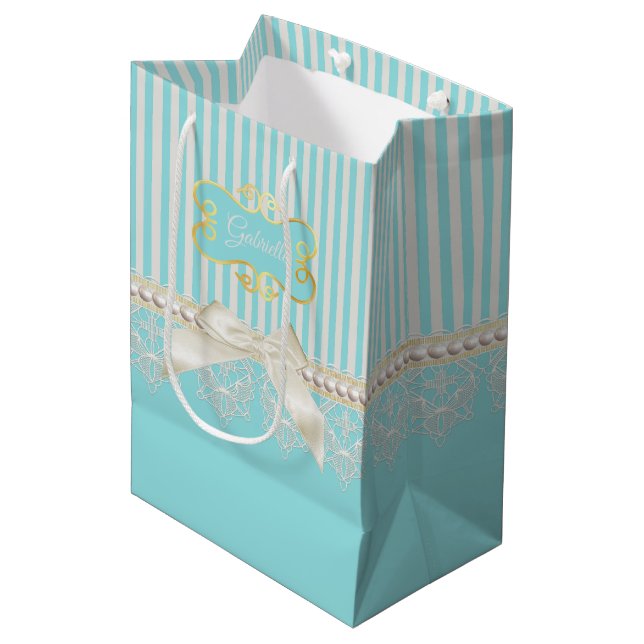 Pearls and Lace Aqua Stripes Cream Bow With Name Medium Gift Bag (Front Angled)