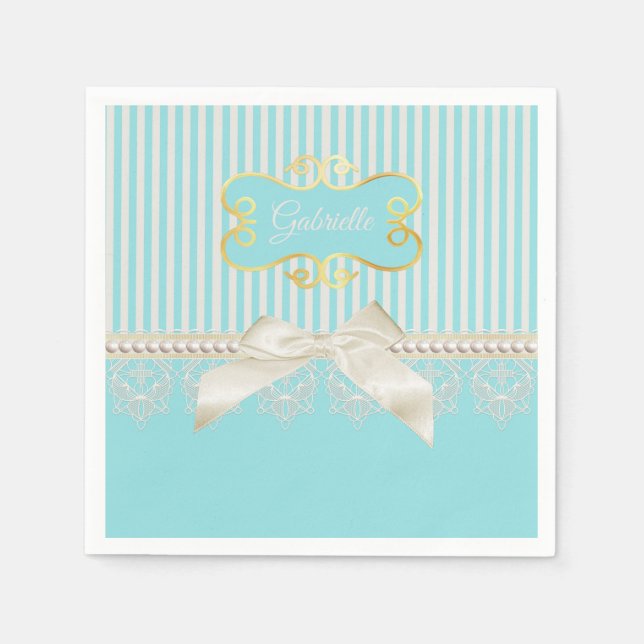 Pearls and Lace Aqua Stripes Cream Bow With Name Napkin (Front)