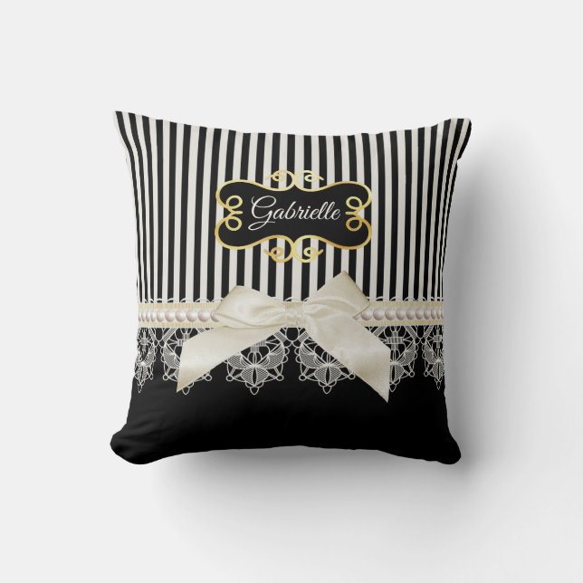 Pearls and Lace Black Stripes Cream Bow Gold Name Cushion (Front)