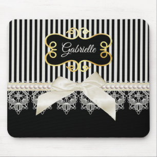 Pearls and Lace Black Stripes Cream Bow Gold Name Mouse Pad