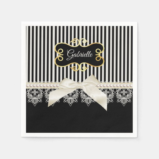 Pearls and Lace Black Stripes Cream Bow Gold Name Napkin (Front)