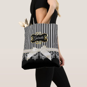 Pearls and Lace Black Stripes Cream Bow Gold Name Tote Bag