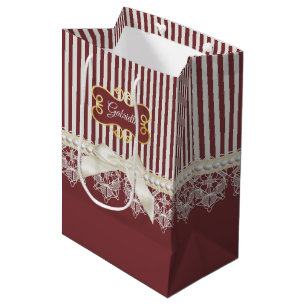 Pearls and Lace Deep Red Stripes Bow and Name Medium Gift Bag