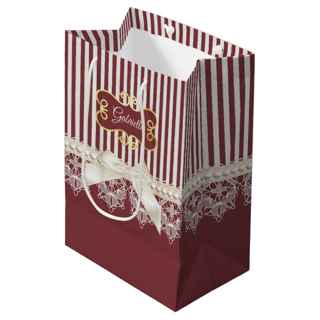 Pearls and Lace Deep Red Stripes Bow and Name Medium Gift Bag (Front Angled)