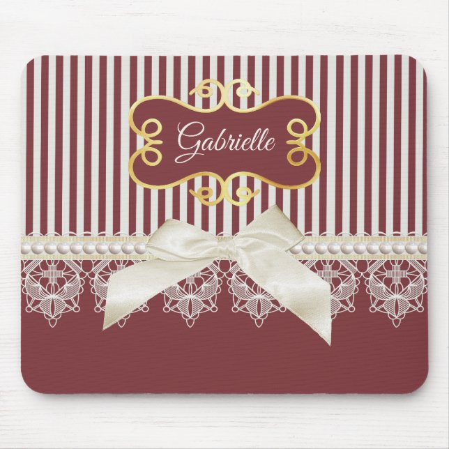 Pearls and Lace Deep Red Stripes Bow and Name Mouse Pad (Front)