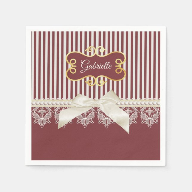 Pearls and Lace Deep Red Stripes Bow and Name Napkin (Front)