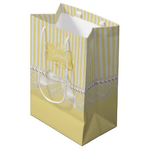 Pearls and Lace Gold Stripes Ivory Bow With Name Medium Gift Bag