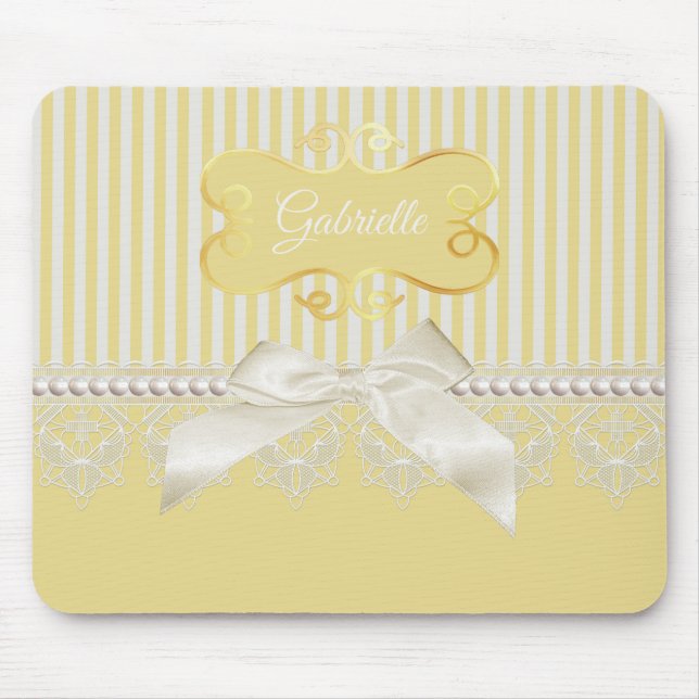 Pearls and Lace Gold Stripes Ivory Bow With Name Mouse Pad (Front)