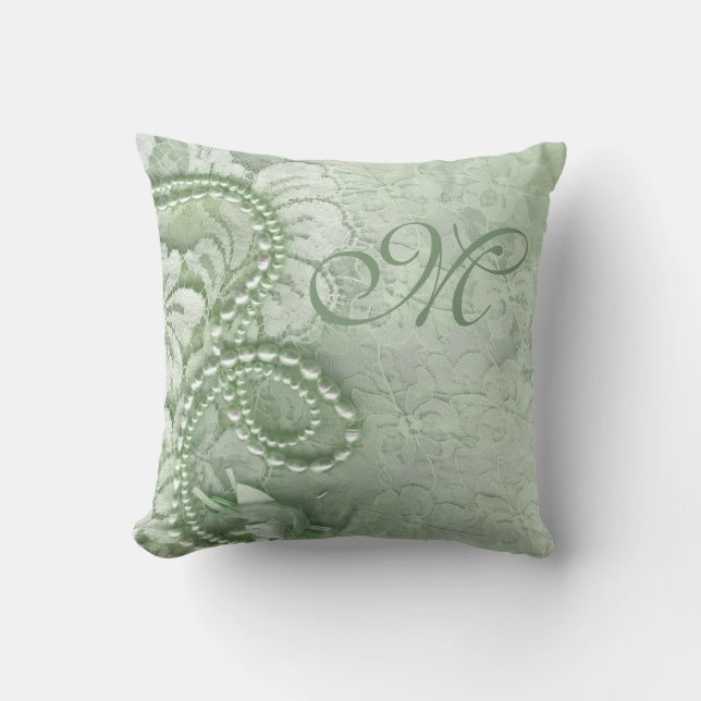 Pearls and Lace Monogram | mint green Cushion (Front)