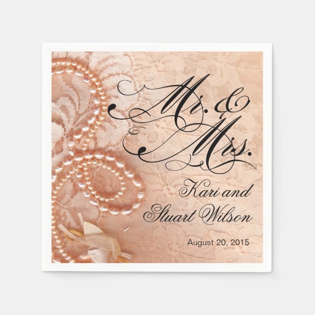 Pearls and Lace Mr. & Mrs. | peach Napkin (Front)