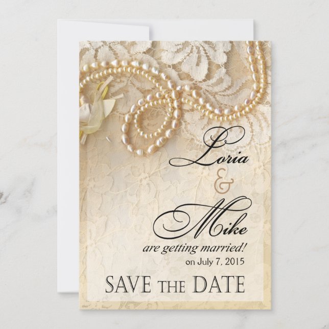 Pearls and Lace Save the Date | eggshell (Front)