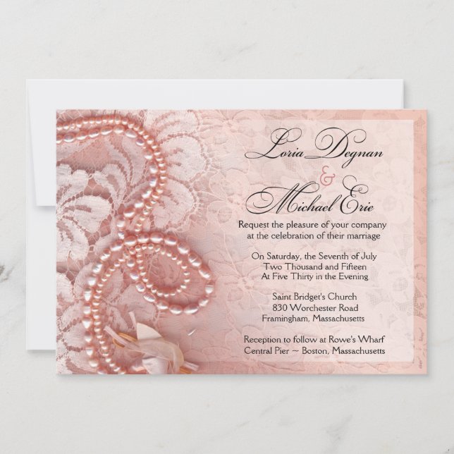 Pearls and Lace Wedding | peony pink Invitation (Front)