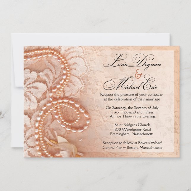 Pearls and Lace Wedding | perfect peach Invitation (Front)
