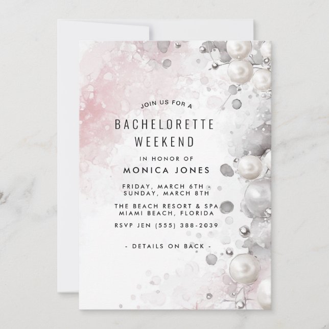 Pearls and pink Bachelorette Weekend party Invitation (Front)