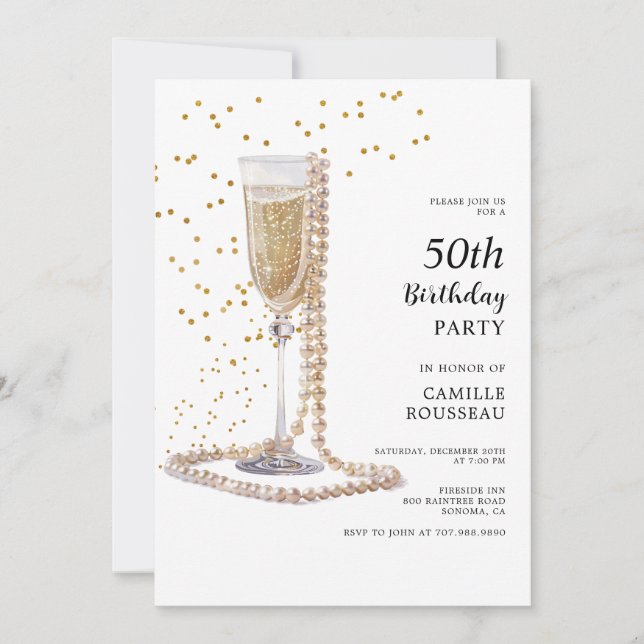 Pearls And Prosecco 50th Birthday Cocktail Party  Invitation (Front)