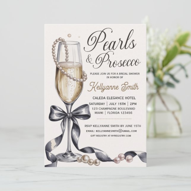 Pearls and Prosecco Black Bow Bridal Shower  Invitation (Standing Front)