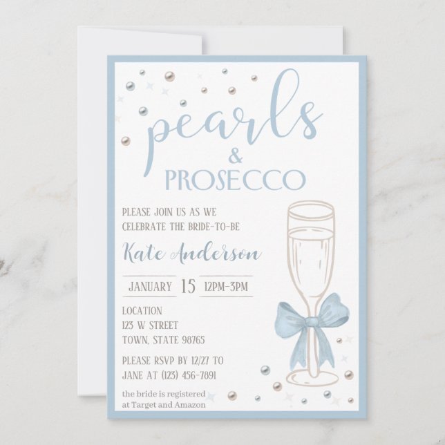 Pearls and Prosecco Blue Bow Bridal Shower Invitation (Front)