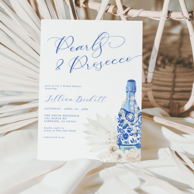 Pearls and Prosecco Blue Script Bridal Shower Invitation (Creator Uploaded)