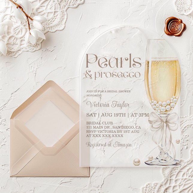 Pearls and Prosecco Bow Bridal Shower Acrylic Invitations (Creator Uploaded)