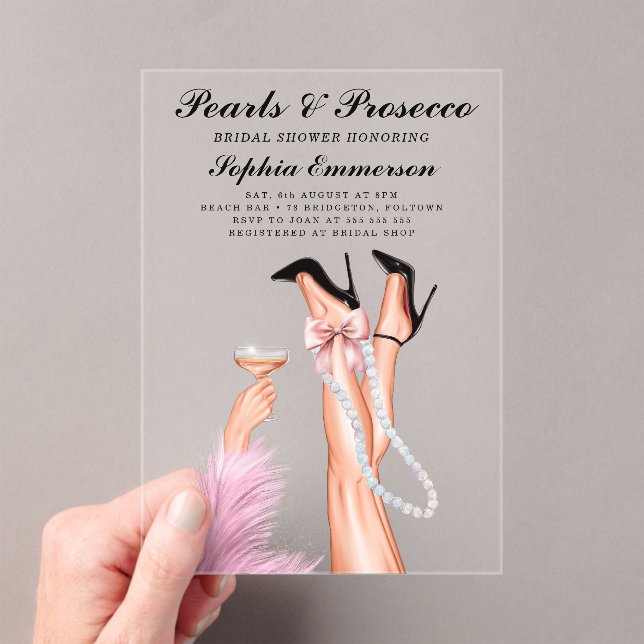 Pearls and Prosecco Bridal Shower Acrylic Invitations (Insitu (Handheld))