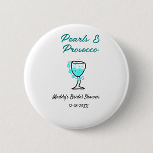 Pearls and prosecco bridal shower blue black name  6 cm round badge