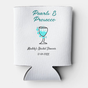Pearls and prosecco bridal shower blue black name  can cooler