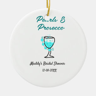 Pearls and prosecco bridal shower blue black name  ceramic ornament