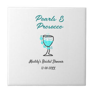 Pearls and prosecco bridal shower blue black name  ceramic tile
