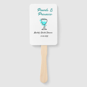 Pearls and prosecco bridal shower blue black name  hand fan